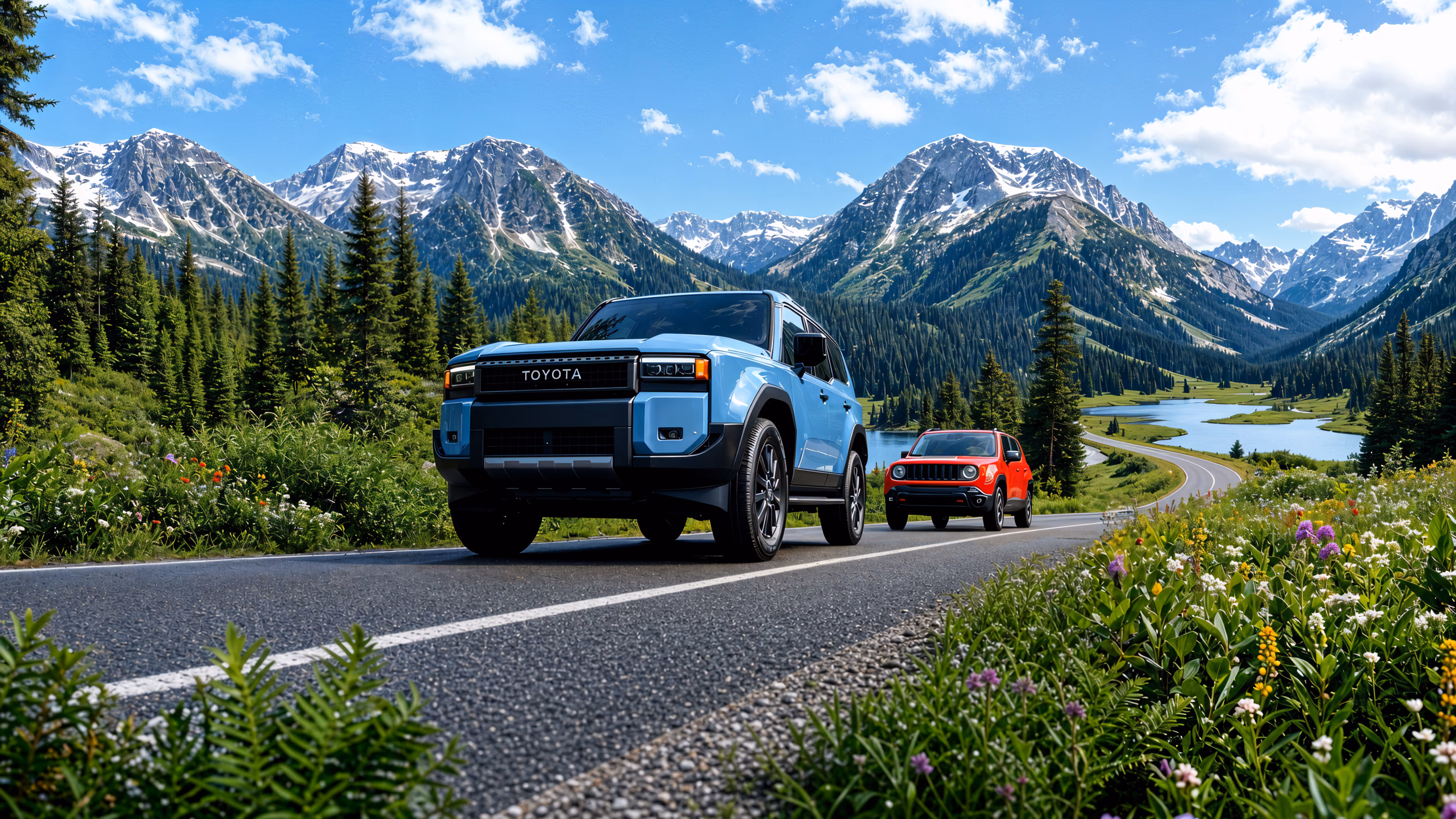 Rental SUVs on a mountain road in Georgia with the Caucasus behind